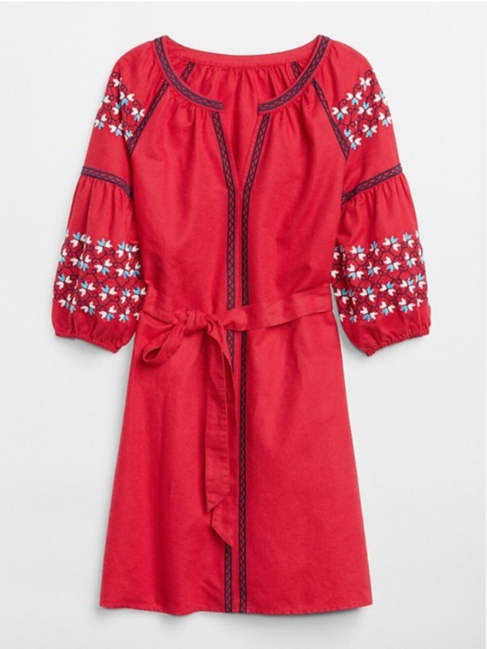 GAP Embroidered Balloon Sleeve Tie-Belt Dress in Linen-Cotton | Size Large